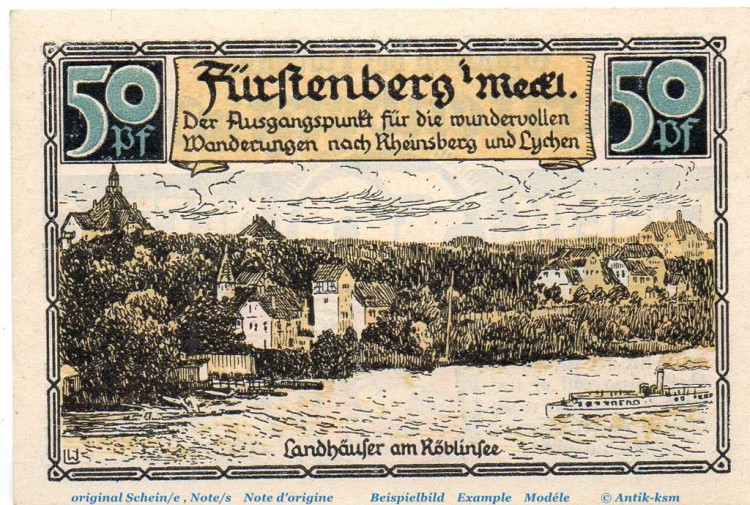 Notgeld Stadt Fürstenberg 402.11 , 50 Pfennig , WZ gelb , in kfr. von 1921 , Brandenburg Seriennotgeld