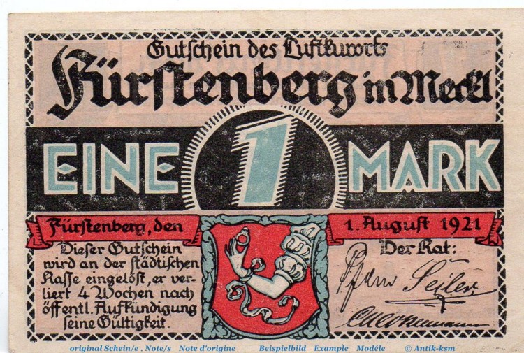 Notgeld Stadt Fürstenberg 402.12 , 1 Mark Nr 1 , Udr. rosa , in kfr. von 1921 , Brandenburg Seriennotgeld