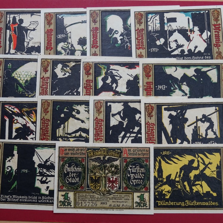 Notgeld Stadt Fürstenwalde , Brandenburg , kompletter Satz mit 15 Scheinen in kassenfrischer Erhaltung , Seriennotgeld , 403.1  , von 1921