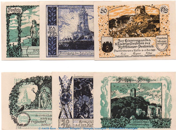Notgeld Stadt Frankenhausen a. Kyf. 373.1.a  , Set mit 6 Scheinen in kfr. von 1921 , Thüringen  Seriennotgeld
