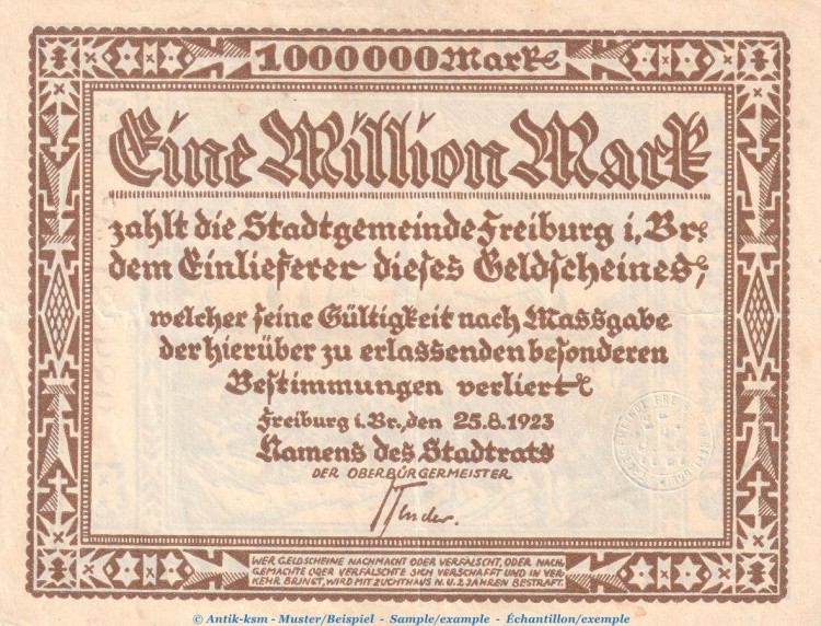 Notgeld Stadt Freiburg i.Br. 1 Million Mark Schein in gbr. Keller 1589.b-c von 1923 , Baden Inflation