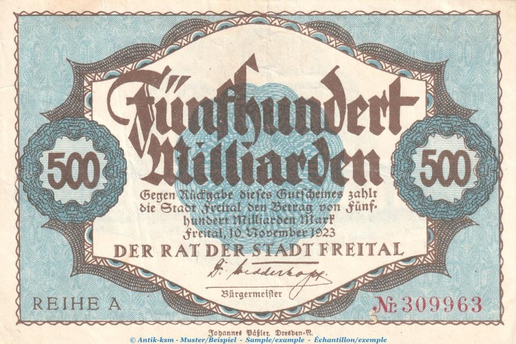 Notgeld Stadt Freital , 500 Milliarden Mark Schein in gbr. Keller 1603.i von 1923 , Sachsen Inflation