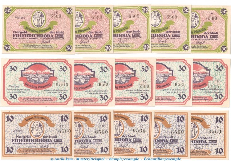 Notgeld Stadt Friedrichroda 393.1 , Set mit 15 Scheinen in kfr. o.D. Thüringen