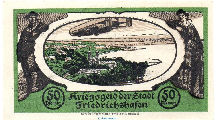 Notgeld Stadt Friedrichshafen 2040.15.05 , 50 Pfennig Schein in kfr. o.D. , Württemberg Verkehrsausgabe