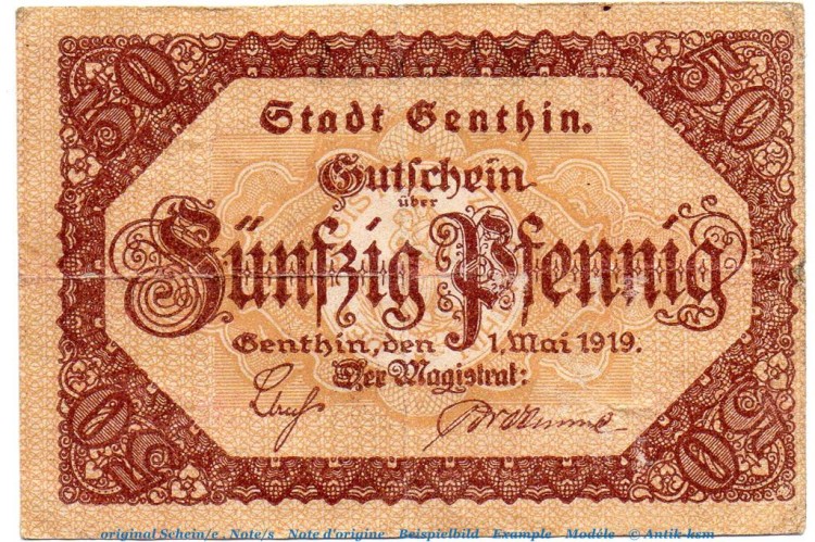 Notgeld Stadt Genthin 2175.05.05 , 50 Pfennig Schein in gbr. von 1919 , Sachsen Anhalt Verkehrsausgabe