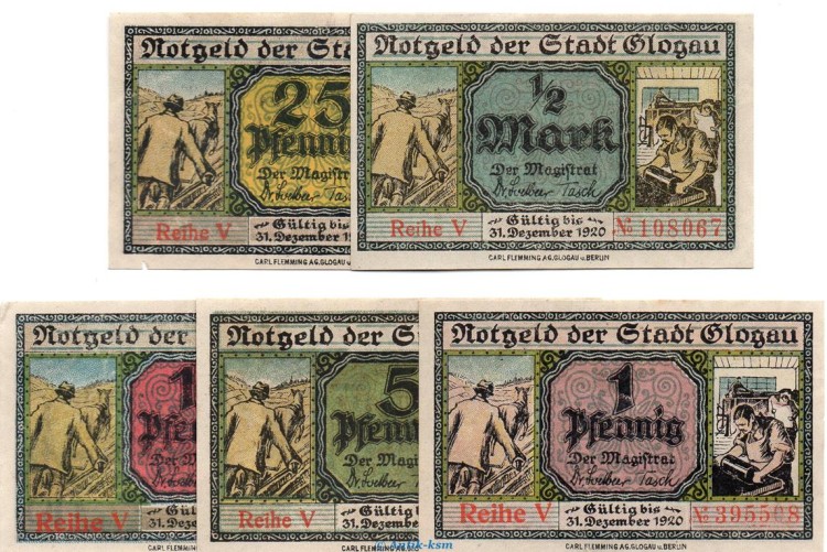 Notgeld Stadt Glogau , Set mit 5 Scheinen in kfr. Tieste 2280.05.25-29 o.D , Schlesien Verkehrsausgabe