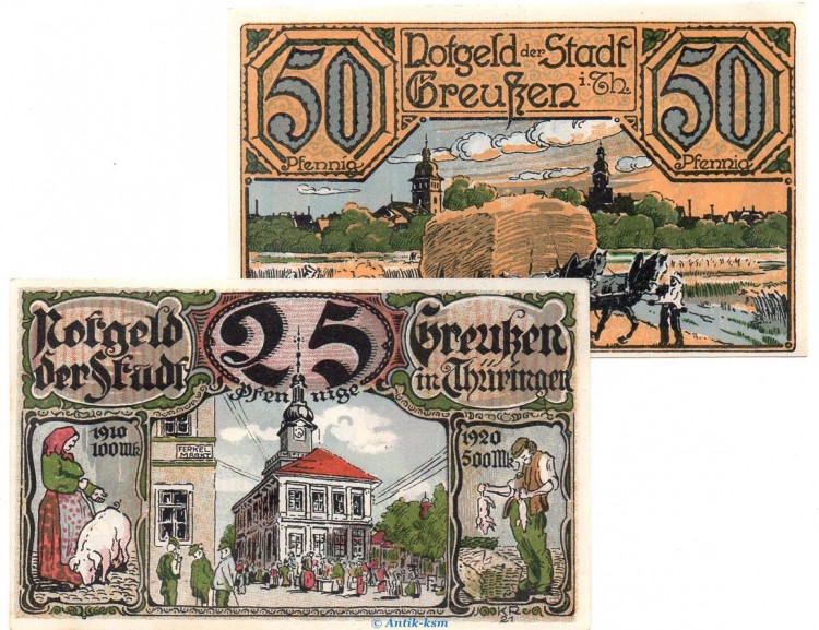 Notgeld Stadt Greußen 472.1 , Set mit 2 Scheinen in kfr. von 1921 , Thüringen Seriennotgeld