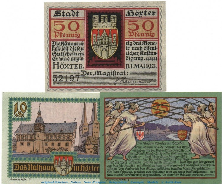 Notgeld Stadt Höxter 618.1 , Set mit 3 Scheinen in kfr. von 1921 , Westfalen Seriennotgeld