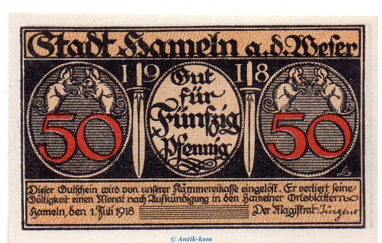 Notgeld Hameln , 50 Pfennig Musterscheinen o. Kn , Tieste 2770.25.21.M , von 1918 , Niedersachsen Verkehrsausgabe