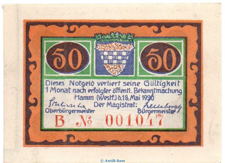 Notgeld Stadt Hamm 568.2.a , 50 Pfennig B Nr.1 breiter Rand in kfr. von 1920 , Westfalen Seriennotgeld