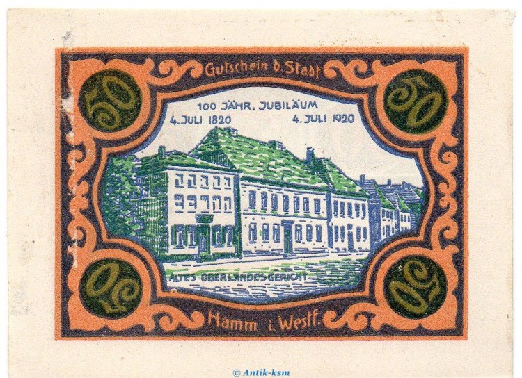 Notgeld Stadt Hamm 568.2.a , 50 Pfennig B Nr.1 breiter Rand in kfr. von 1920 , Westfalen Seriennotgeld