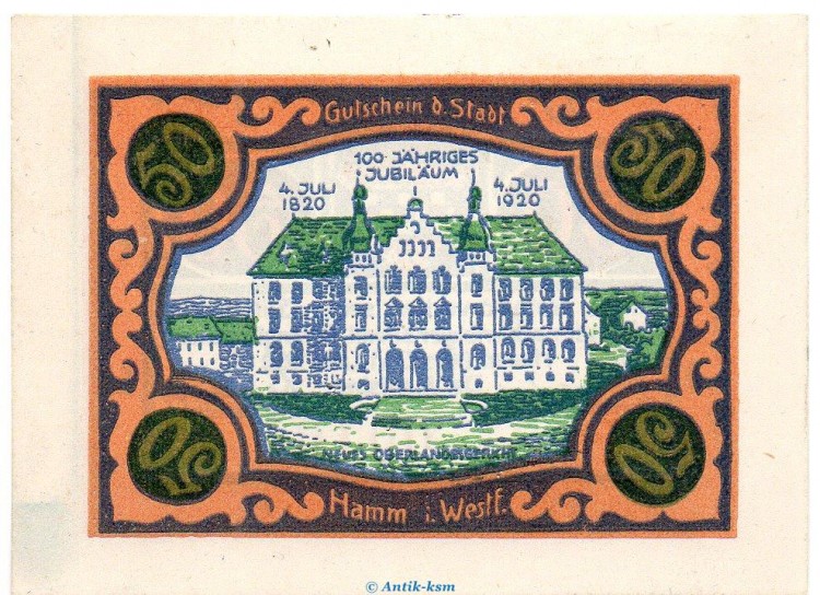 Notgeld Stadt Hamm 568.2.a , 50 Pfennig B Nr.2 breiter Rand in kfr. von 1920 , Westfalen Seriennotgeld