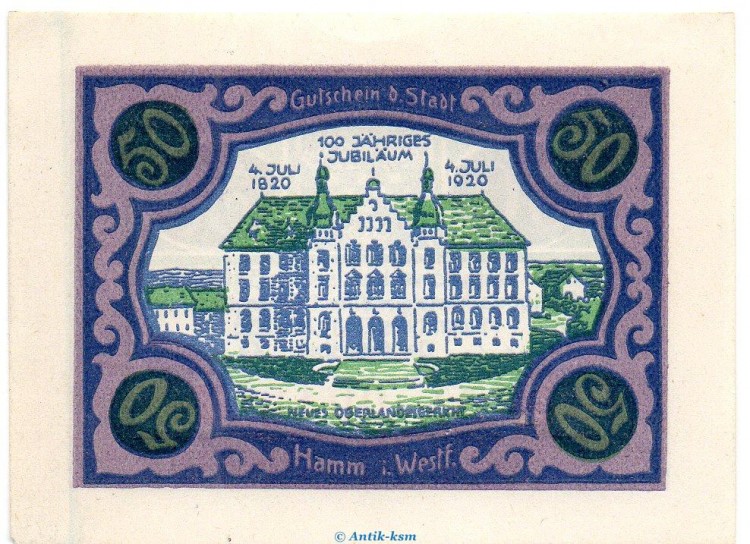 Notgeld Stadt Hamm 568.2.a , 50 Pfennig B Nr.4 breiter Rand in kfr. von 1920 , Westfalen Seriennotgeld
