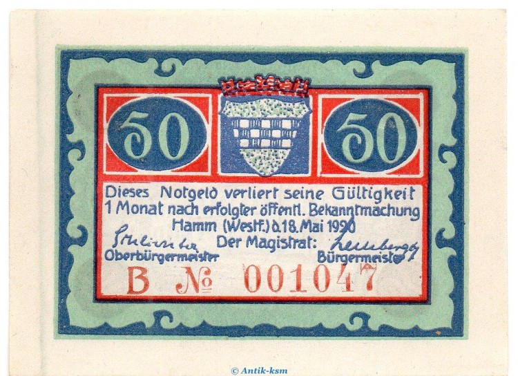 Notgeld Stadt Hamm 568.2.a , 50 Pfennig B Nr.5 breiter Rand in kfr. von 1920 , Westfalen Seriennotgeld