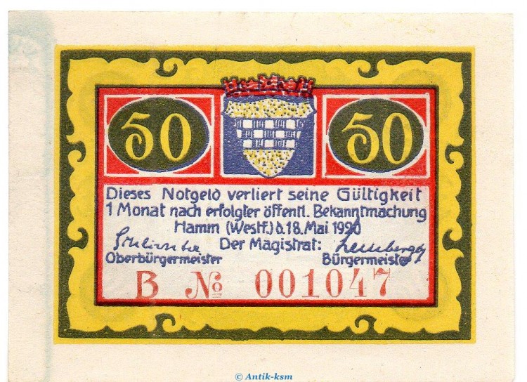 Notgeld Stadt Hamm 568.2.a , 50 Pfennig B Nr.7 breiter Rand in kfr. von 1920 , Westfalen Seriennotgeld