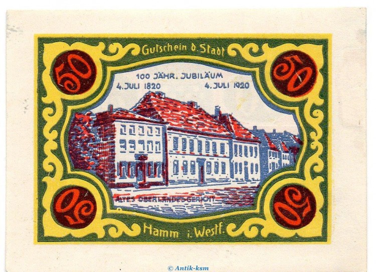 Notgeld Stadt Hamm 568.2.a , 50 Pfennig B Nr.7 breiter Rand in kfr. von 1920 , Westfalen Seriennotgeld