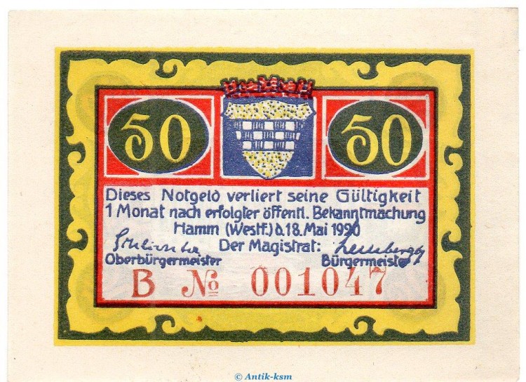 Notgeld Stadt Hamm 568.2.a , 50 Pfennig B Nr.8 breiter Rand in kfr. von 1920 , Westfalen Seriennotgeld