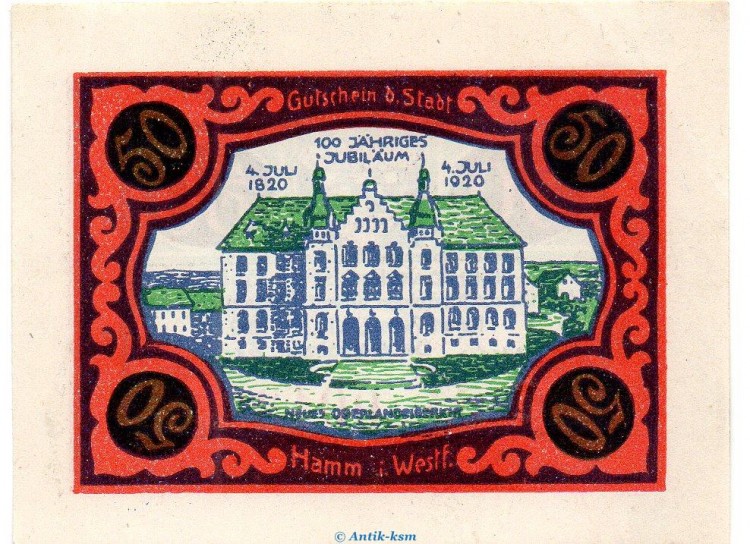 Notgeld Stadt Hamm 568.2.b , 50 Pfennig C Nr.4 breiter Rand in kfr. von 1920 , Westfalen Seriennotgeld