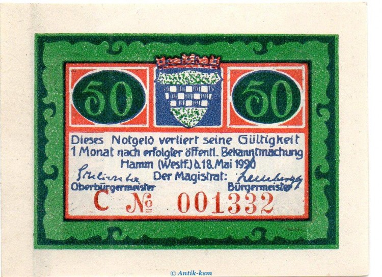 Notgeld Stadt Hamm 568.2.b , 50 Pfennig C Nr.6 breiter Rand in kfr. von 1920 , Westfalen Seriennotgeld