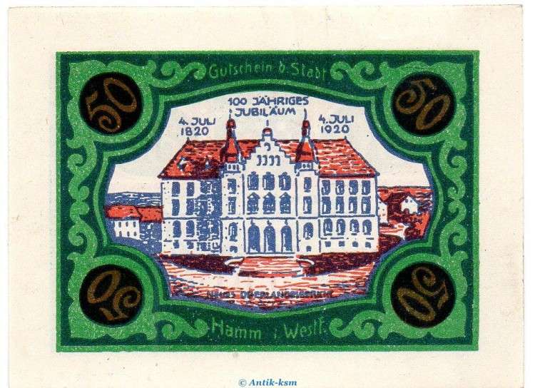 Notgeld Stadt Hamm 568.2.b , 50 Pfennig C Nr.6 breiter Rand in kfr. von 1920 , Westfalen Seriennotgeld