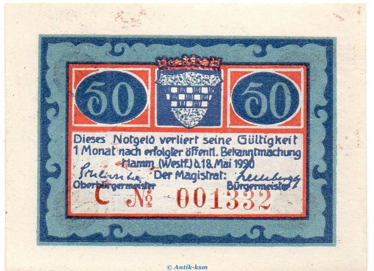 Notgeld Stadt Hamm 568.2.b , 50 Pfennig C Nr.7 breiter Rand in kfr. von 1920 , Westfalen Seriennotgeld