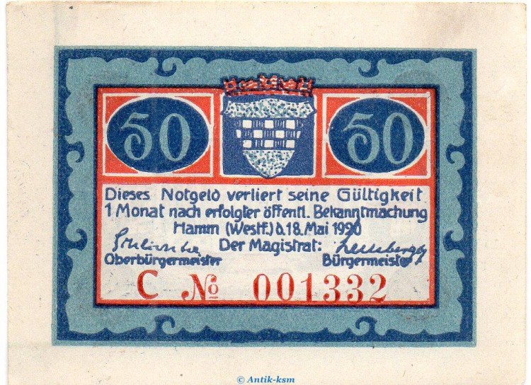 Notgeld Stadt Hamm 568.2.b , 50 Pfennig C Nr.8 breiter Rand in kfr. von 1920 , Westfalen Seriennotgeld