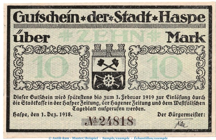 Notgeld Stadt Haspe , 10 Mark Schein in kfr. Geiger 224.02 von 1918 , Westfalen Grossnotgeld