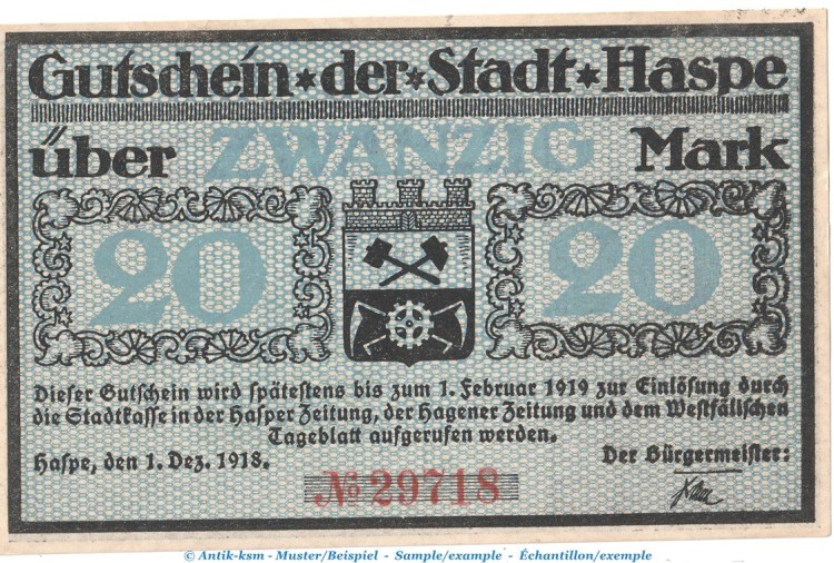 Notgeld Stadt Haspe , 20 Mark Schein in kfr. Geiger 224.03 von 1918 , Westfalen Grossnotgeld
