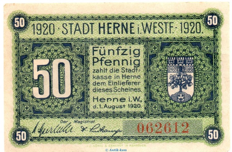 Notgeld Stadt Herne 2960.10.31 , 50 Pfennig Schein in kfr. von 1920 , Westfalen Verkehrsausgabe