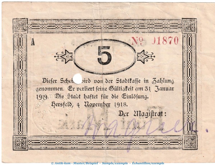 Notgeld Stadt Hersfeld , 5 Mark Schein in gbr.E , Geiger 231.04.a von 1918 , Hessen Grossnotgeld