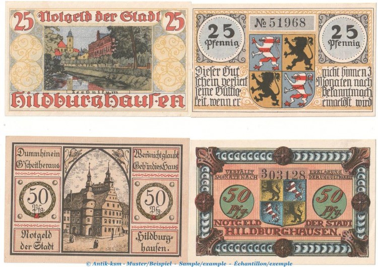 Notgeld Stadt Hildburghausen 608.1-2 , 2 Sets mit 4 Scheinen in kfr. o.D. Thüringen Seriennotgeld