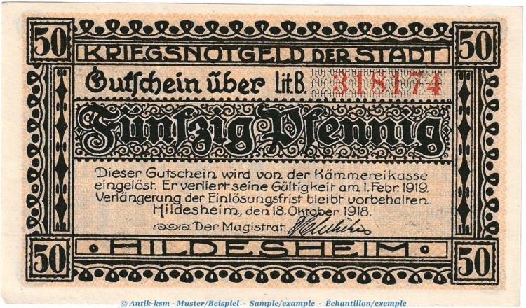 Notgeld Stadt Hildesheim , 50 Pfennig Schein in kfr. Tieste 3030.10.10 von 1918 , Niedersachsen Verkehrsausgabe