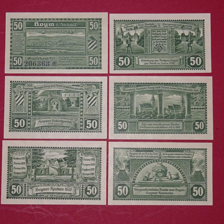 Notgeld Stadt Hoym , Sachsen Anhalt , kompletter Satz mit 6 Scheinen in kassenfrischer Erhaltung , Seriennotgeld , 634.3 , von 1921