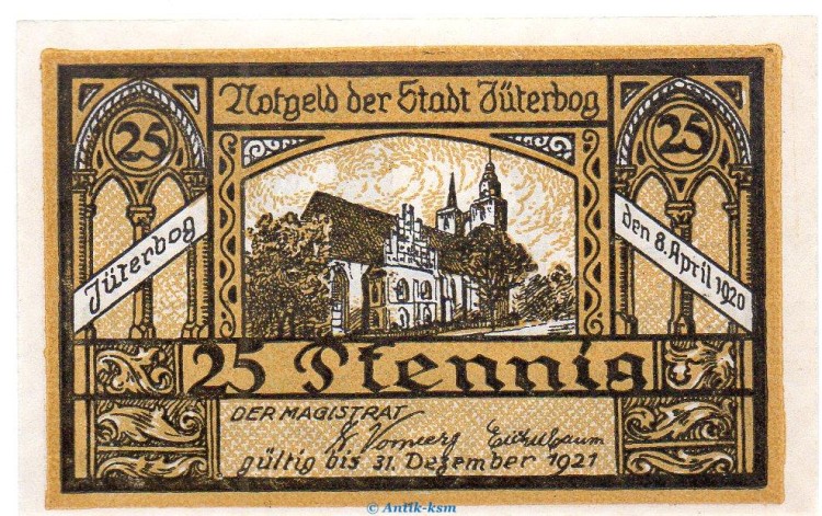 Notgeld Stadt Jüterbog , 25 Pfennig Schein in kfr. von 1920 Tieste 3300.05.25 , Brandenburg Verkehrsausgabe