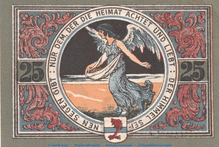 Notgeld Stadt Jacobshagen 651.1 , 25 Pfennig -Engel- in kfr. von 1920 , Pommern Seriennotgeld