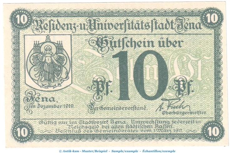 Notgeld Stadt Jena , 10 Pfennig Schein in kfr. Tieste 3270.35.15 von 1919 , Thüringen Verkehrsausgabe