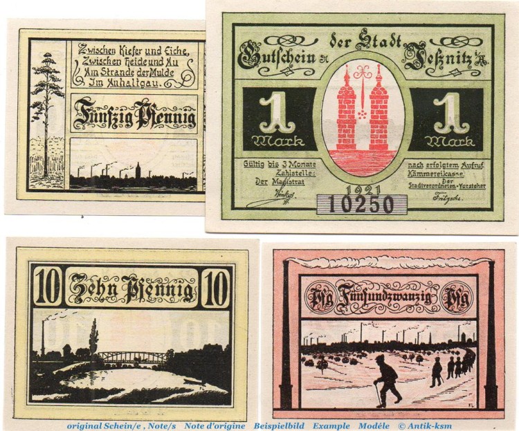 Notgeld Stadt Jessnitz 659.1 , Set mit 4 Scheinen in kfr. von 1921 , Sachsen Anhalt Seriennotgeld