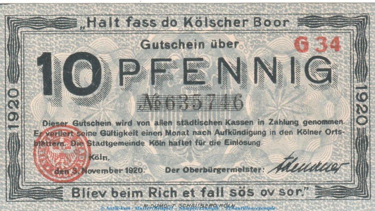 Notgeld Stadt Köln , 10 Pfennig Schein in kfr. Tieste 3565.105.50 von 1920 , Rheinland Verkehrsausgabe