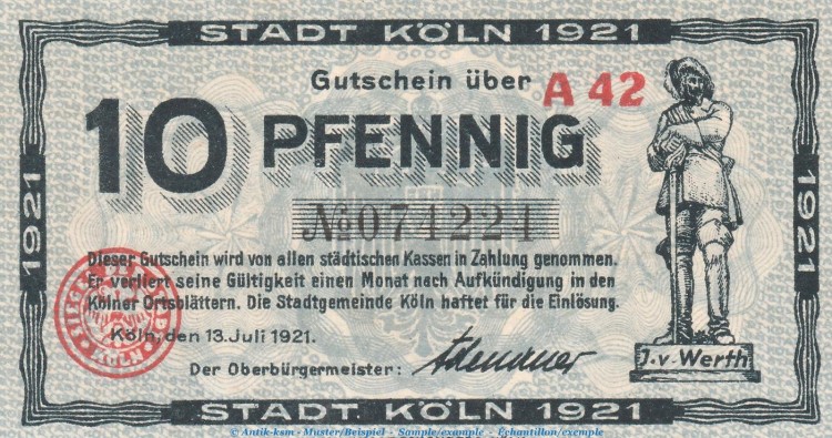 Notgeld Stadt Köln , 10 Pfennig Schein in kfr. Tieste 3565.105.80 von 1921 , Rheinland Verkehrsausgabe