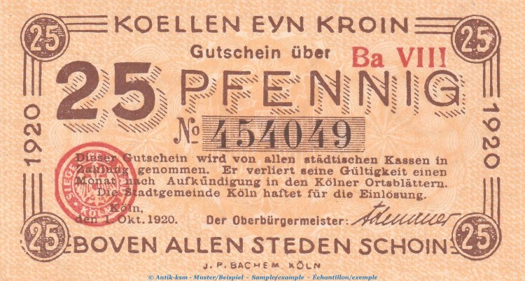 Notgeld Stadt Köln , 25 Pfennig Schein in kfr. Tieste 3565.105.46 von 1920 , Rheinland Verkehrsausgabe