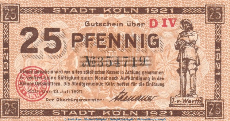 Notgeld Stadt Köln , 25 Pfennig Schein in kfr. Tieste 3565.105.66 von 1921 , Rheinland Verkehrsausgabe
