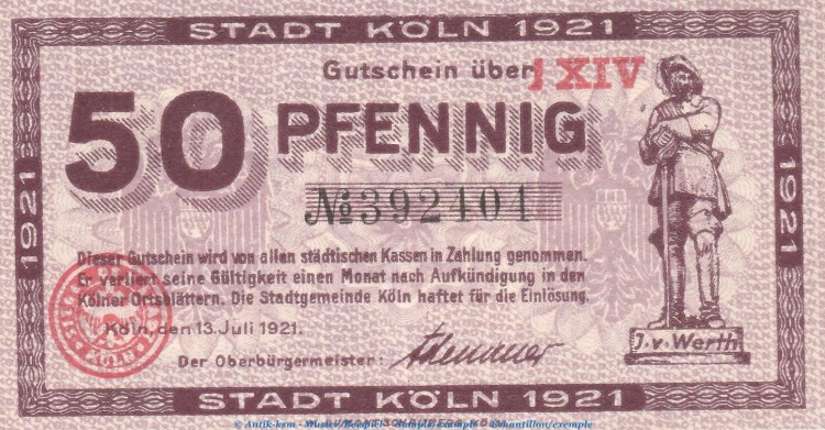 Notgeld Stadt Köln , 50 Pfennig Schein in kfr. Tieste 3565.105.82 von 1921 , Rheinland Verkehrsausgabe