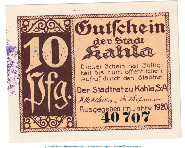 Notgeld Stadt Kahla , 10 Pfennig Schein in kfr. Tieste 3325.05.31 von 1920 , Thüringen Verkehrsausgabe