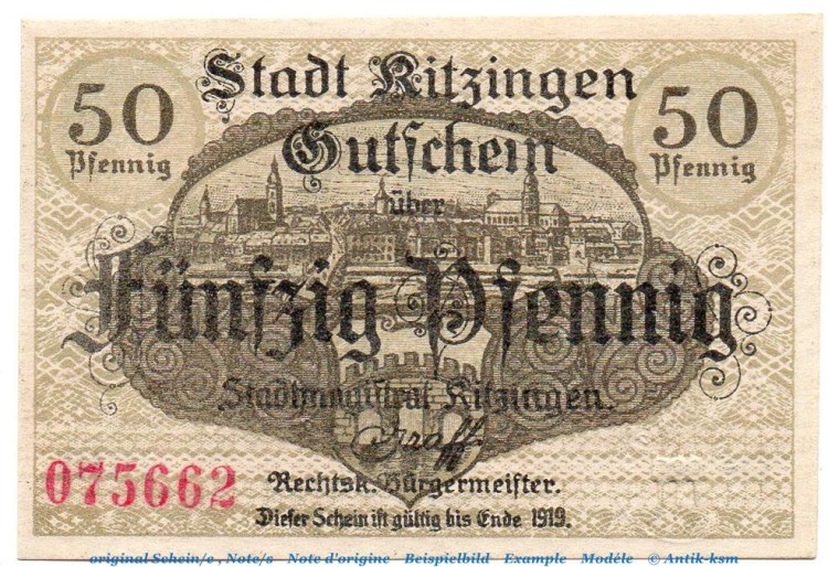 Notgeld Stadt Kitzingen 3510.05.25 , 50 Pfennig Schein in kfr. von 1918 , Bayern Verkehrsausgabe