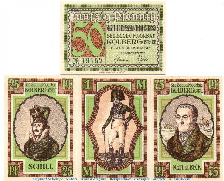 Notgeld Stadt Kolberg 737.1 , Persönlichkeiten Set mit 4 Scheinen in kfr. von 1921 , Pommern Seriennotgeld