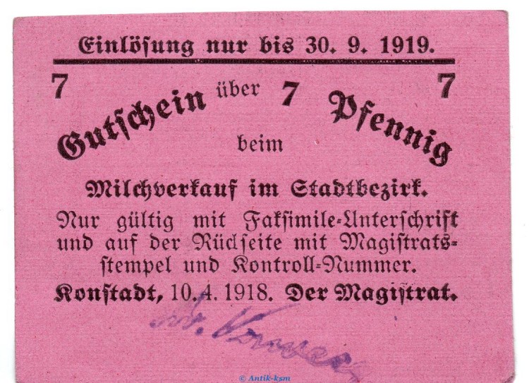 Notgeld Stadt Konstadt 3665.05.20 , 7 Pfennig Schein in kfr. von 1918 , Schlesien Verkehrsausgabe