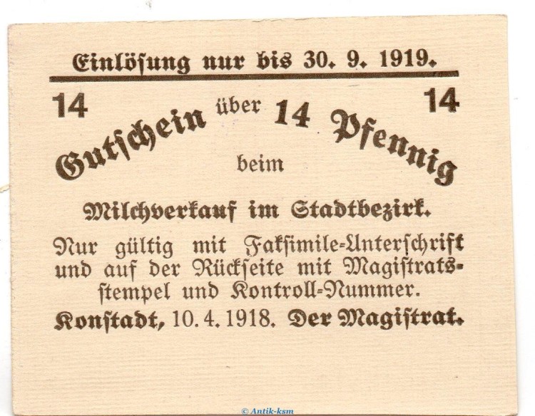 Notgeld Stadt Konstadt 3665.05.21 , 14 Pfennig Schein in kfr. von 1918 , Schlesien Verkehrsausgabe