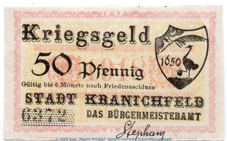 Notgeld Stadt Kranichfeld 3700.05.02 , 50 Pfennig Schein in kfr. von 1918 , Thüringen Verkehrsausgabe