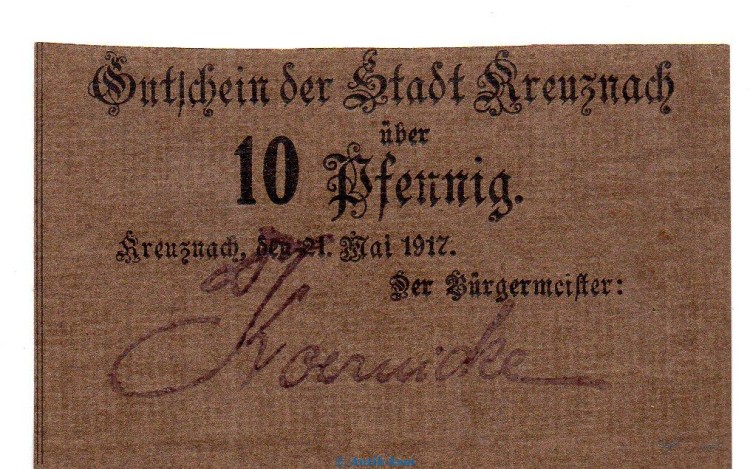 Notgeld Stadt Kreuznach , 10 Pfennig Schein in kfr. Tieste 3725.05.15 von 1917 , Rheinland Verkehrsausgabe