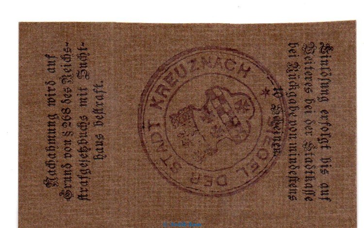Notgeld Stadt Kreuznach , 10 Pfennig Schein in kfr. Tieste 3725.05.15 von 1917 , Rheinland Verkehrsausgabe